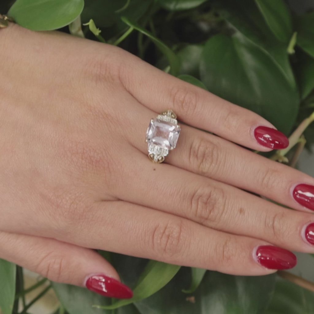 Pink Quartz Diamond Ring 14K Gold Heart Motif 5.52 CTW Size 5.25 Ladies