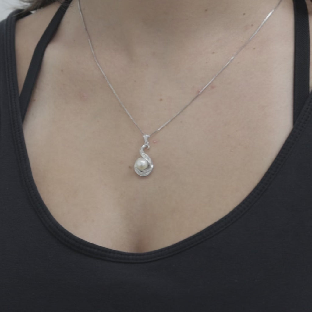 Akoya Pearl Diamond Swirl Pendant White Gold 0.10 CTW 6.85mm Estate