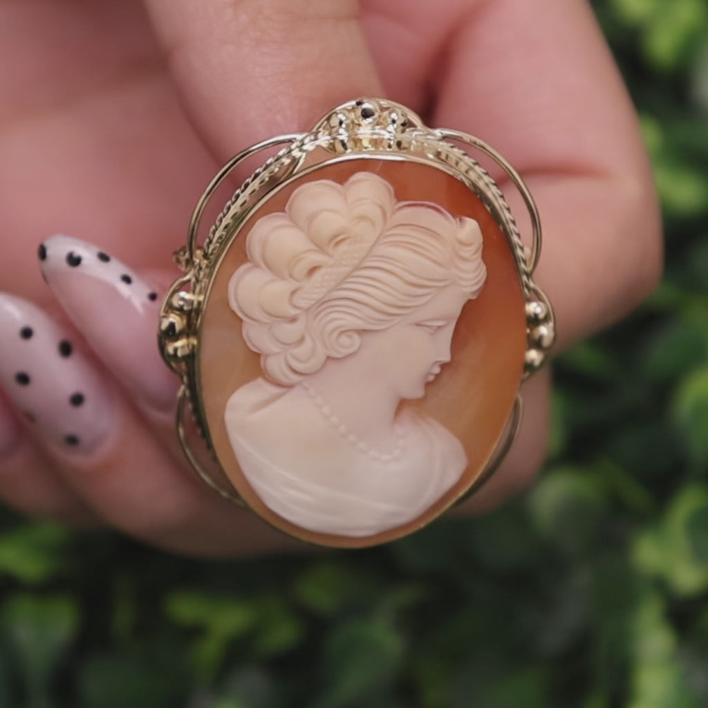Vintage Shell Cameo Brooch Pin Pendant Yellow Gold Frame 2.25" Ladies Estate