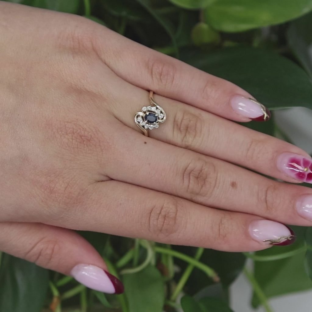 Sapphire Diamond Cocktail Swirl Ring 14K Yellow Gold 0.55 CTW Size 6.75 Ladies