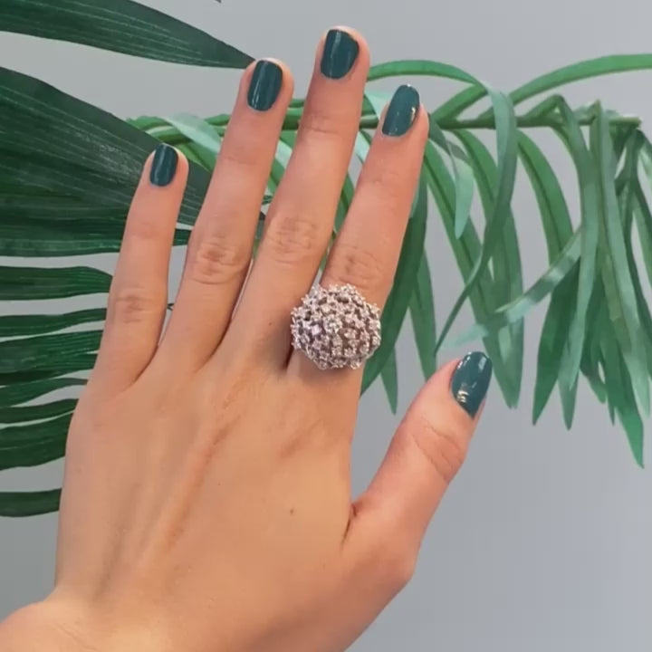 Cluster Diamond Dome Ring 14K White Gold 1.57 TW Flower Size 6 Ladies Estate