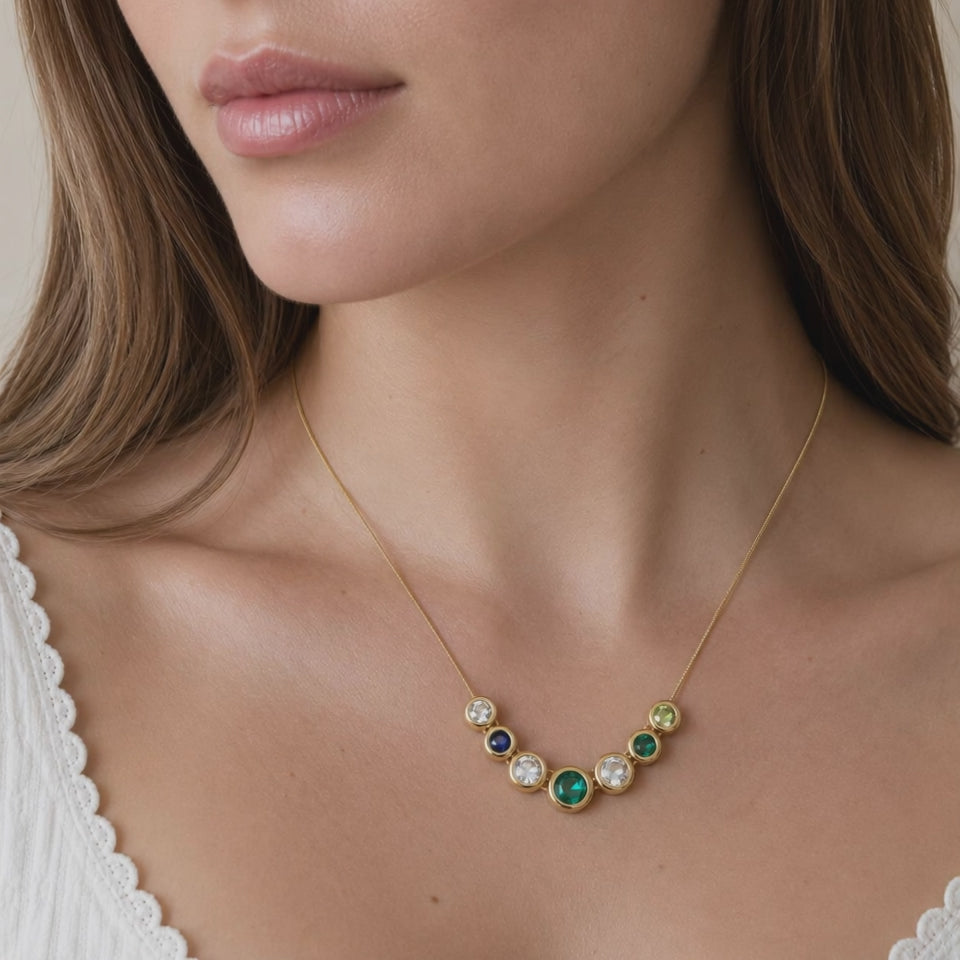 14K Gold Multi Gemstone Bezel Bubble Necklace Topaz Emerald Sapphire Peridot 17"