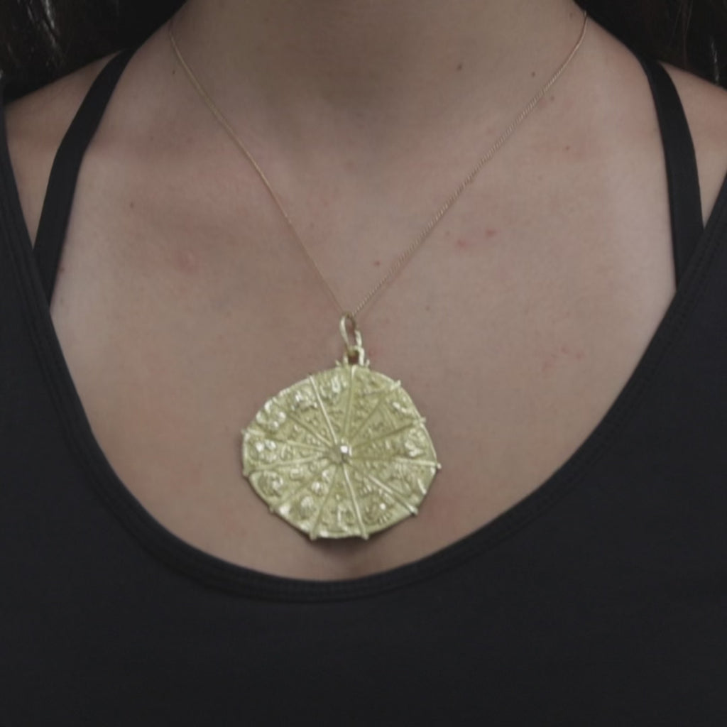 18K Gold Zodiac Astrology Wheel Pendant 2.55" Large Estate