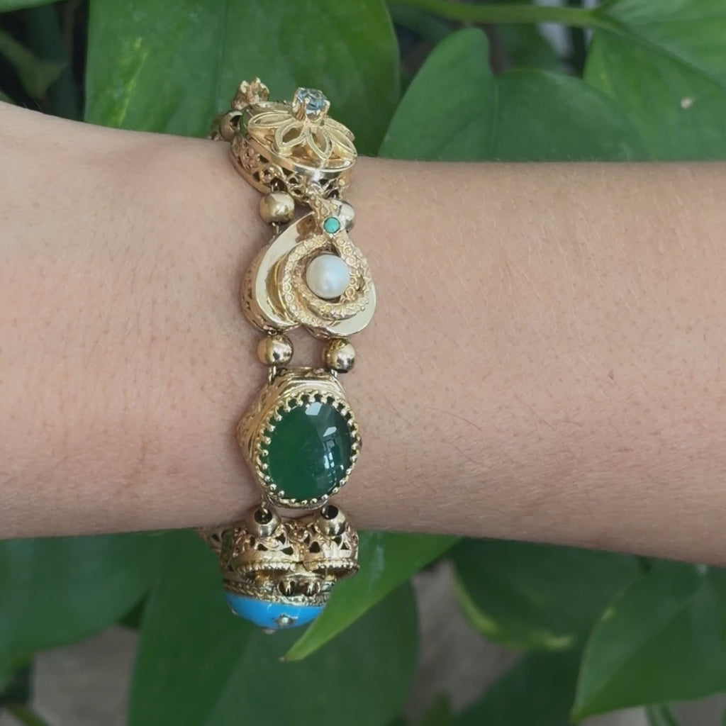 Vintage 14K Gold Victorian Revival Multi Gemstone Slide Charm Bracelet 6.75"