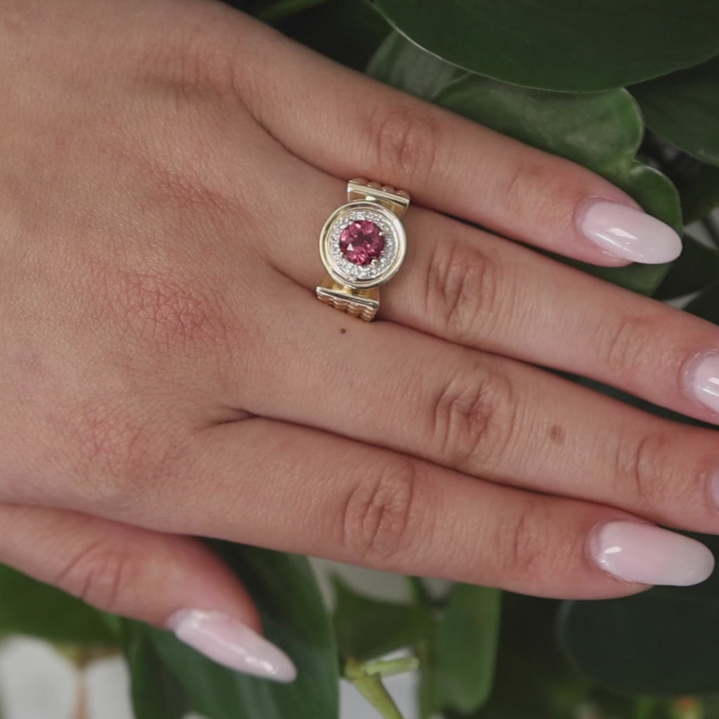 Pink Tourmaline Diamond Halo Ring 14K Gold 1.65 CTW Size 7.25 Ladies Estate