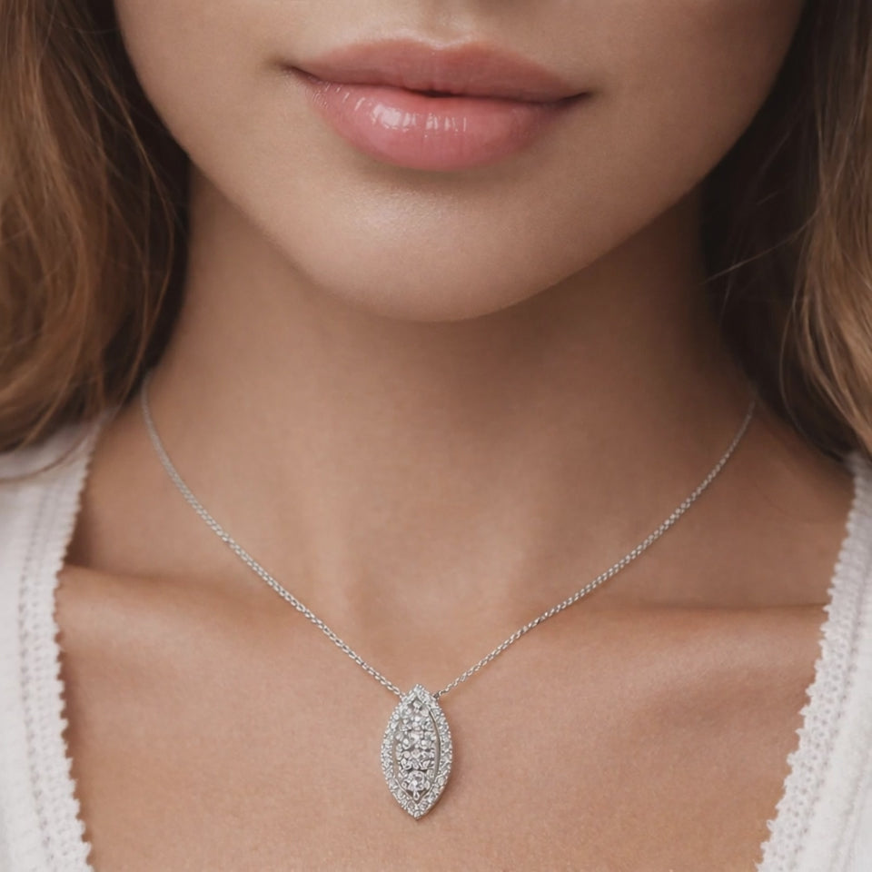 Platinum Art Deco Diamond Marquise Shaped Halo Pendant 1.15 TW 0.90" Estate