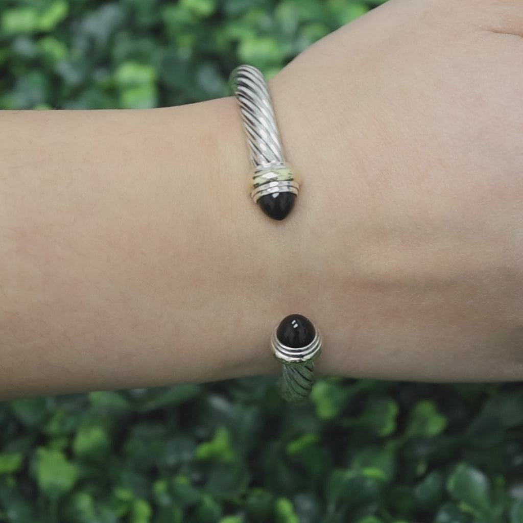 David Yurman Black Onyx Cable Bracelet Sterling Silver 14K Gold 7 mm 6.75"