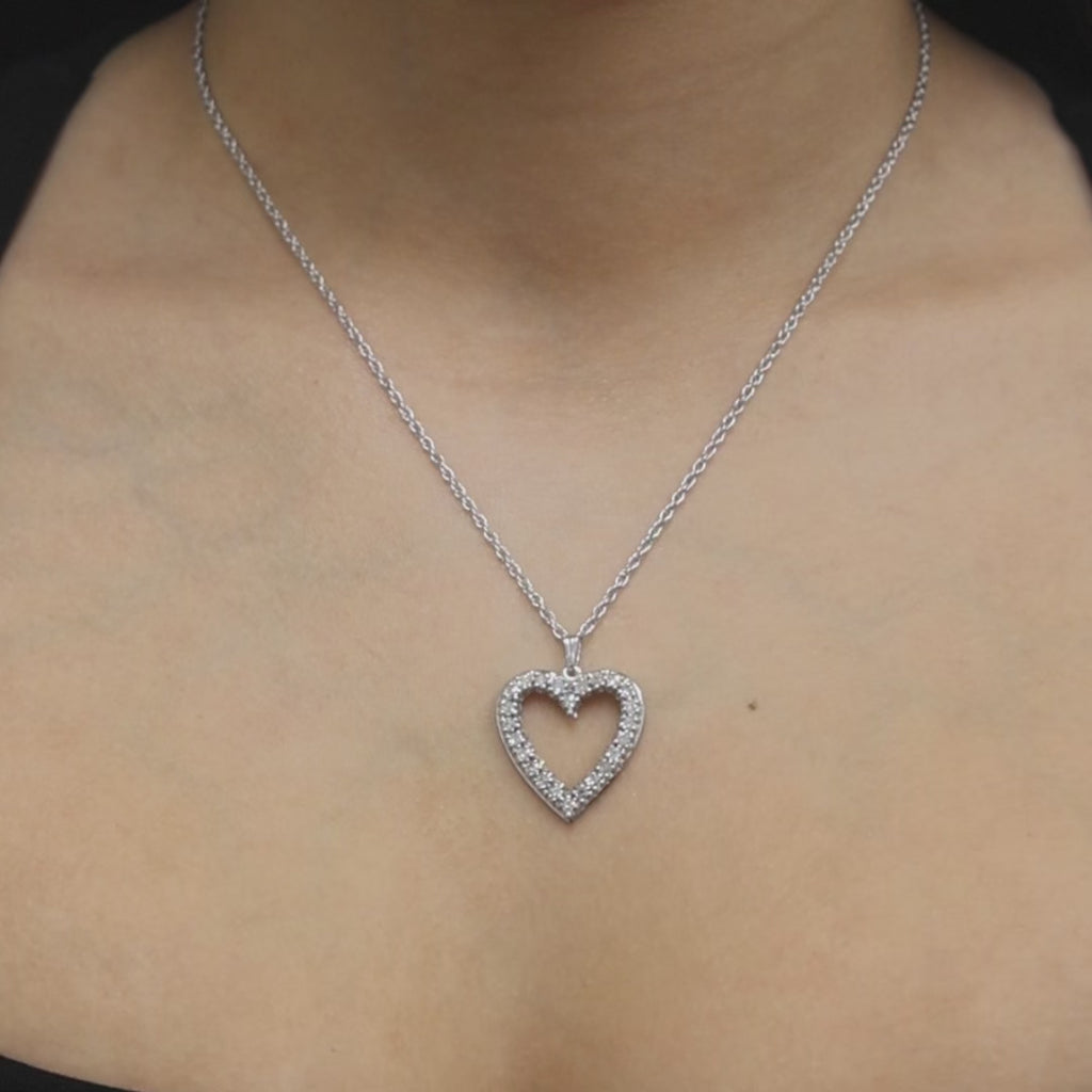 1.20 TW Diamond Open Heart Pendant Rope Chain Necklace White Gold 18" Ladies