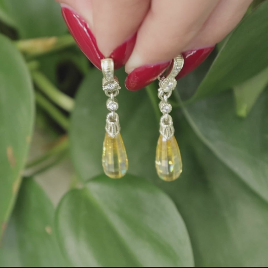 Briolette Cut Yellow Sapphire Diamond Dangle Earrings 14K Gold Lab Created 1.50"