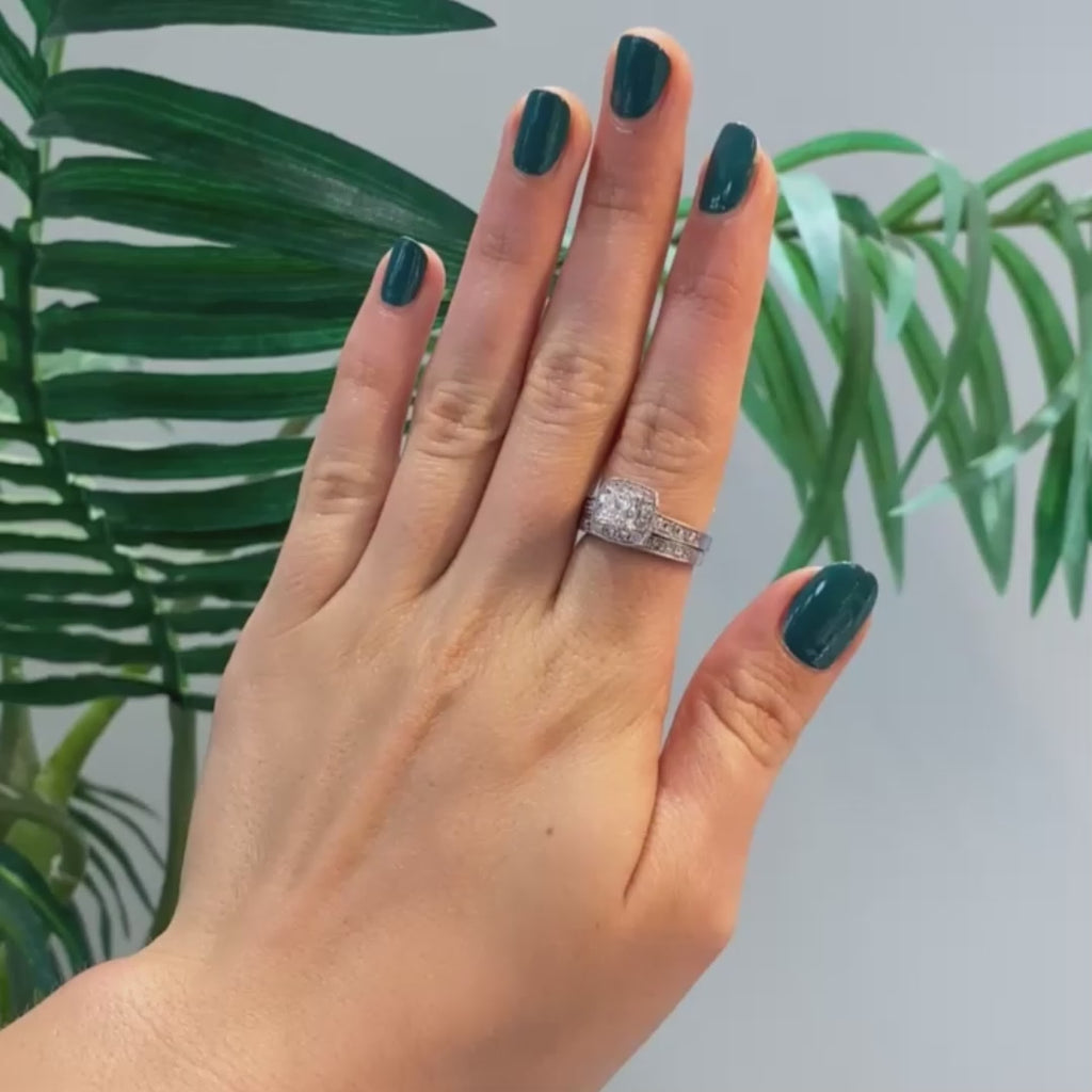 2.00 TW Halo Diamond Engagement Ring Set GSI Cert 14K White Gold Size 6.5 Ladies