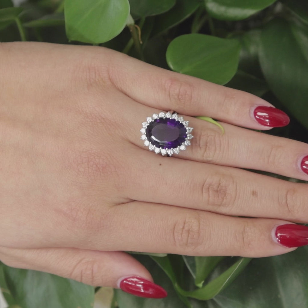 Amethyst Halo Diamond Statement Ring 14K White Gold 9.62 CTW SZ 6 Ladies Estate