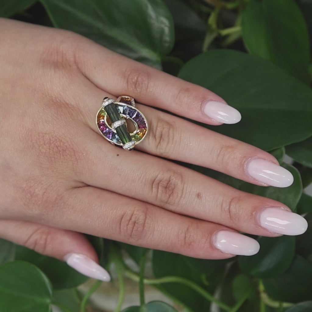 Bellarri Tourmaline Diamond Multi Color Sapphire Ring 6.07 CTW 18K Gold SZ 7.25