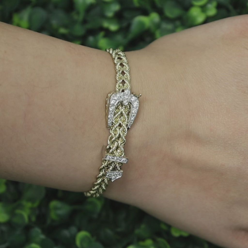 Vintage Diamond Buckle Gold Rope Chain Bracelet 0.35 TW 8.25" Ladies Estate