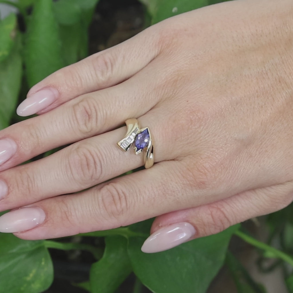 Natural Tanzanite Diamond Bypass Ring 14K Yellow Gold 1.35 CTW Size 6.75
