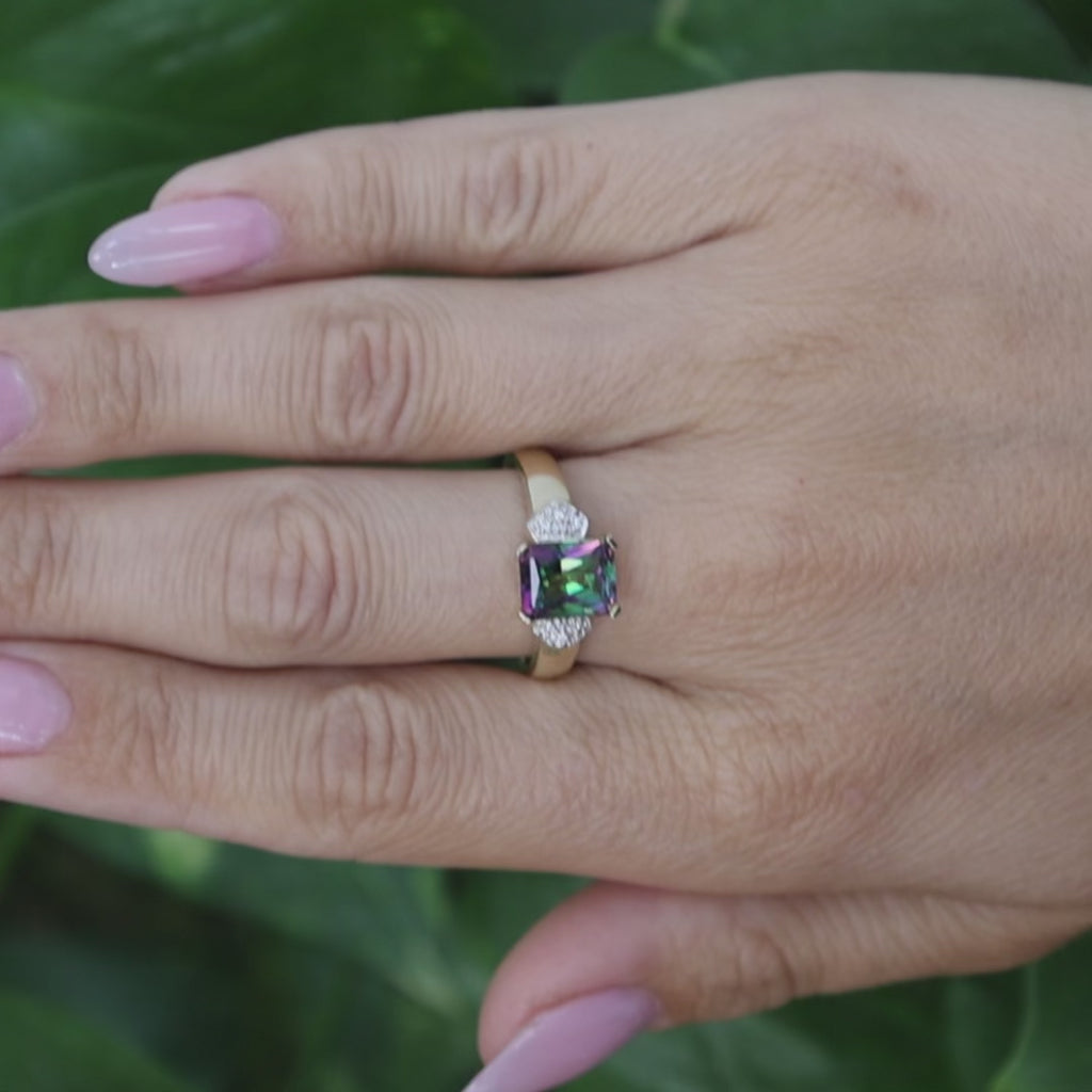 14K Two-Tone Gold 3.00CT Mystic Topaz Diamond Ring Size 9.25