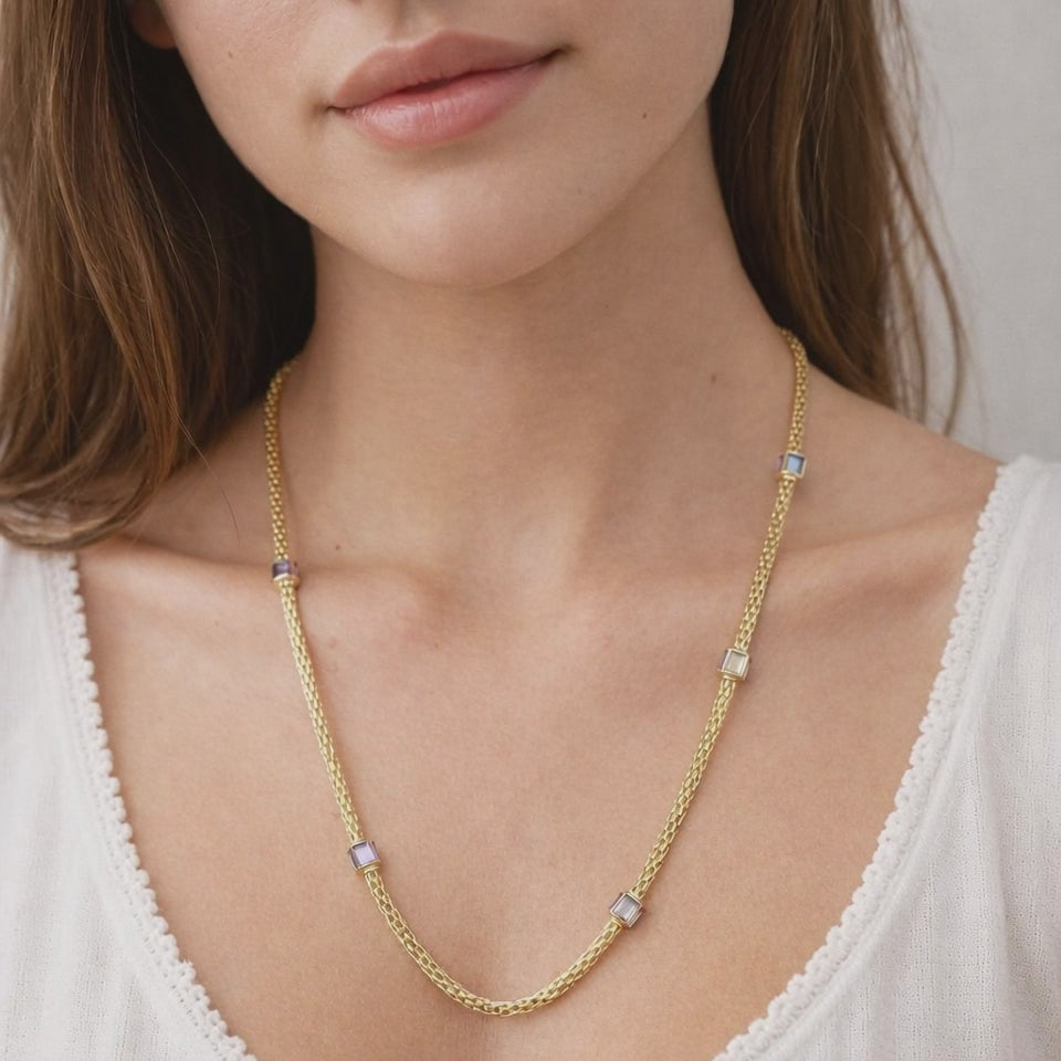 Blue Topaz Amethyst Station Mesh Chain Necklace 14K Yellow Gold 8.40 TW 32”