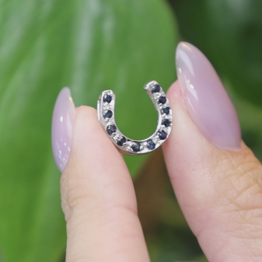 Natural Blue Sapphire Horseshoe Slider Pendant White Gold 0.33 CTW Estate