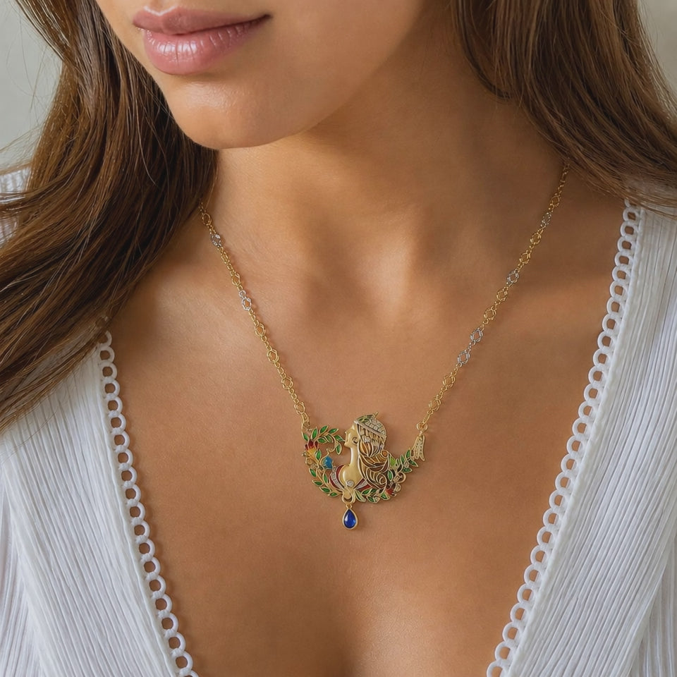 Art Nouveau Lady Enamel Diamond Sapphire Necklace 18K Gold 1.60 CTW 23"