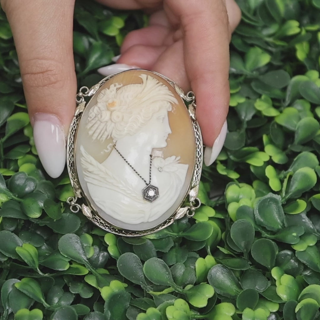 Vintage Cameo Brooch Pin 14K White Gold 0.10 CT Diamond Accent 2.40" Ladies