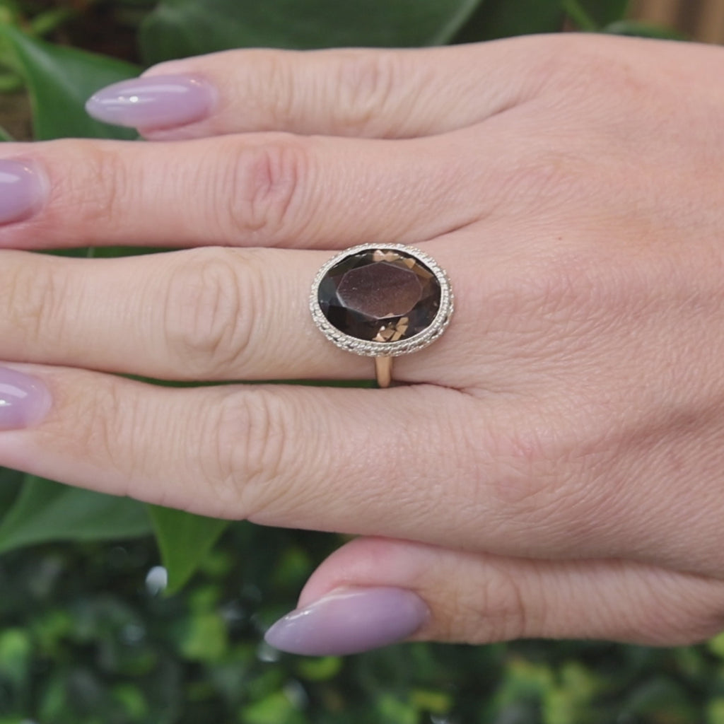 Smoky Quartz Cocktail Statement Ring Yellow Gold 8.20 CT Oval Size 7.25