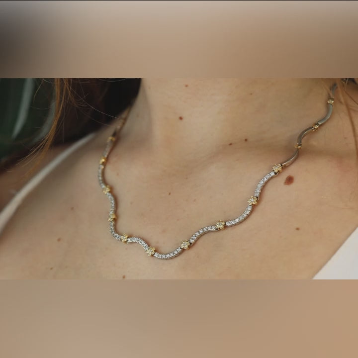 1.85CTW Diamond Swirl Flower Station Necklace 14K Two-Tone Gold 1.85 CTW 19"