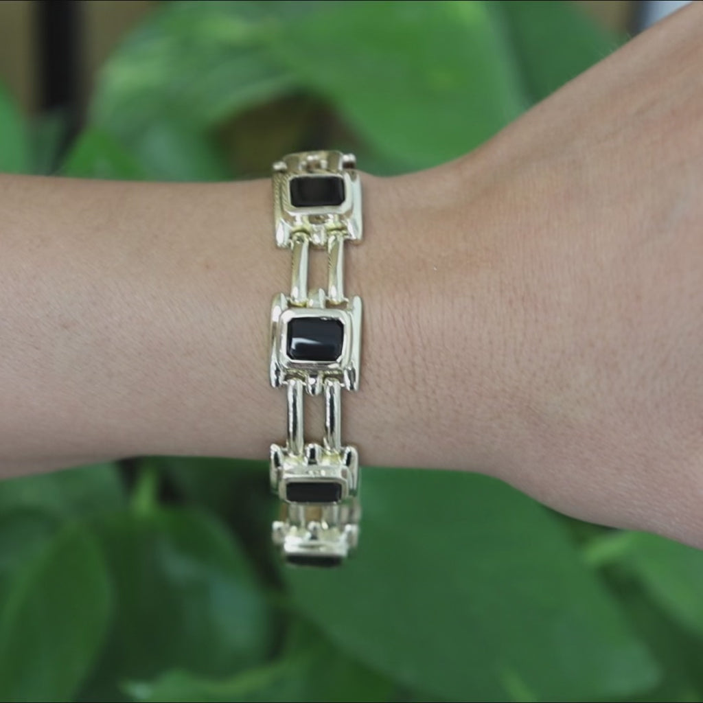 Yellow Gold Black Onyx Link Bracelet 33.9g Heavy Unisex Estate 7.5"