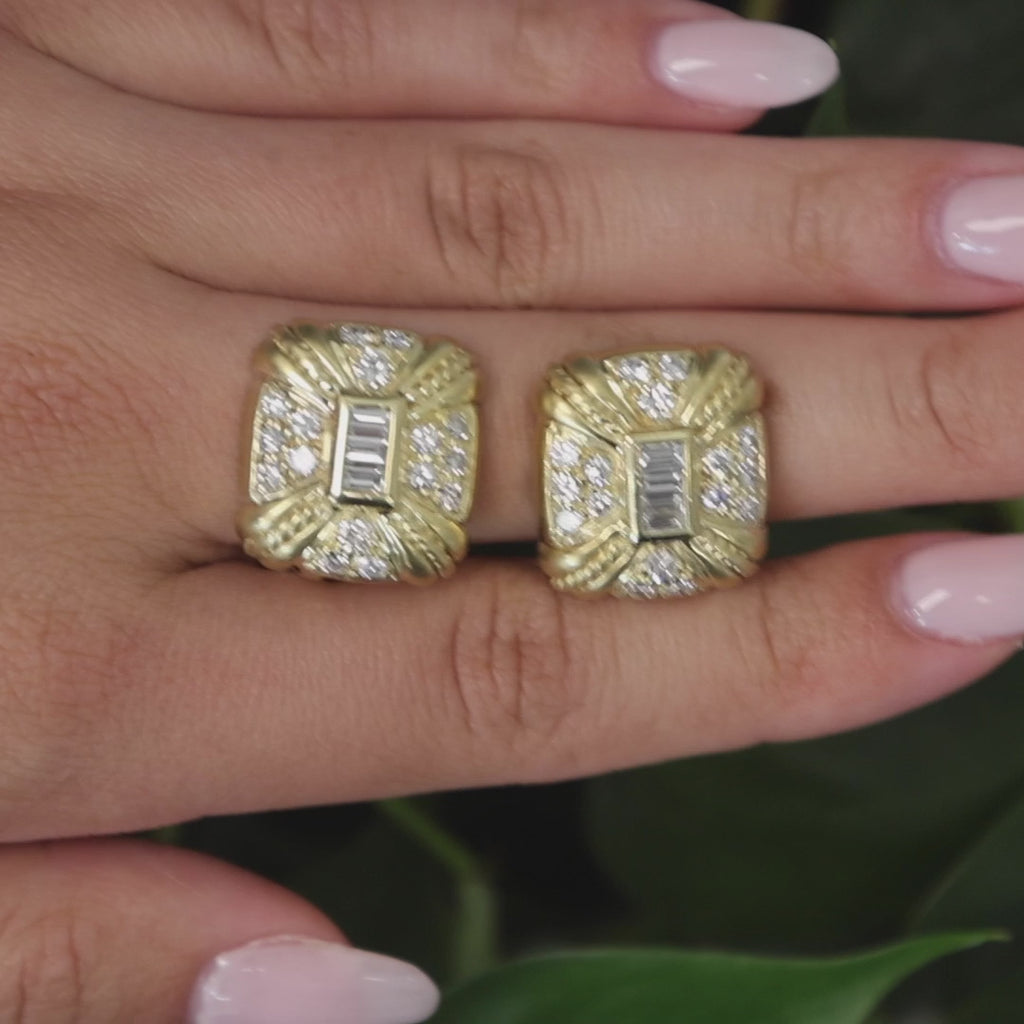 Judith Ripka Diamond Square Clip On Earrings Omega Backs 18K Gold 3.00 TW 0.78"