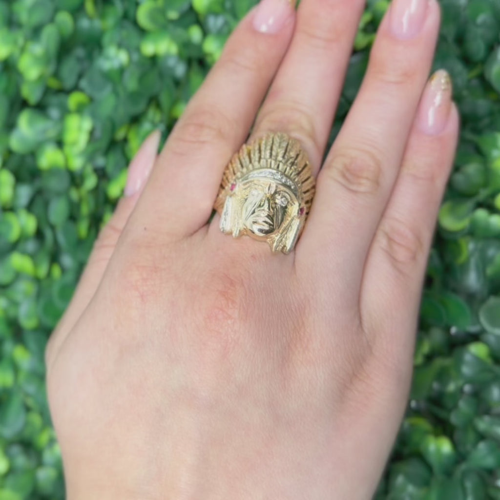 Indian Head Statement Ring Yellow Gold Diamond and Ruby Accents Size 12.75