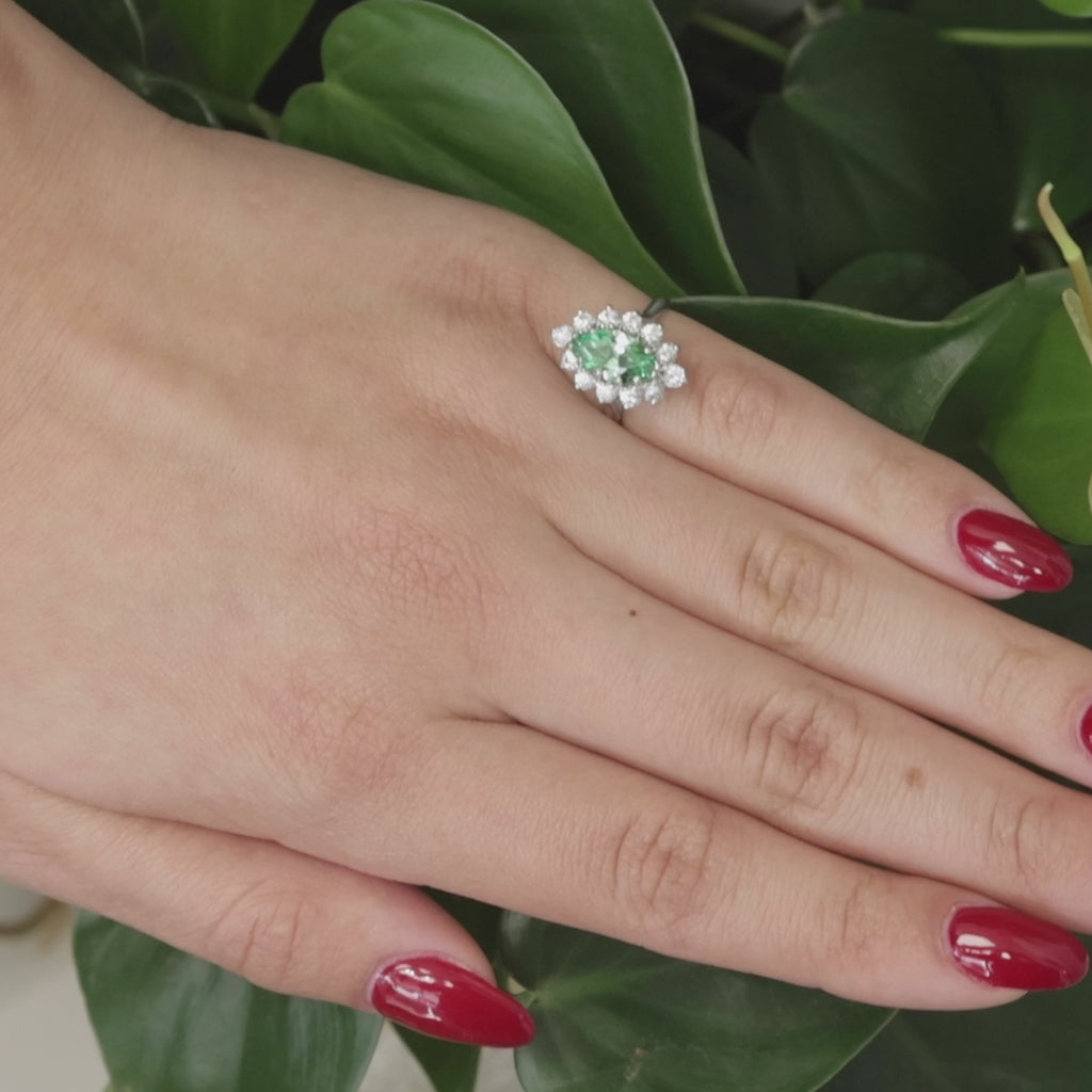 Green Stone Quartz Halo Cocktail Ring 14K White Gold Size 4.75 Ladies Estate