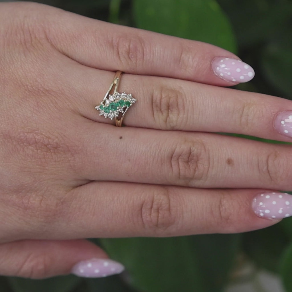 Estate Emerald Diamond Bypass Ring 14K Yellow Gold 0.97 CTW Size 6.5 Ladies