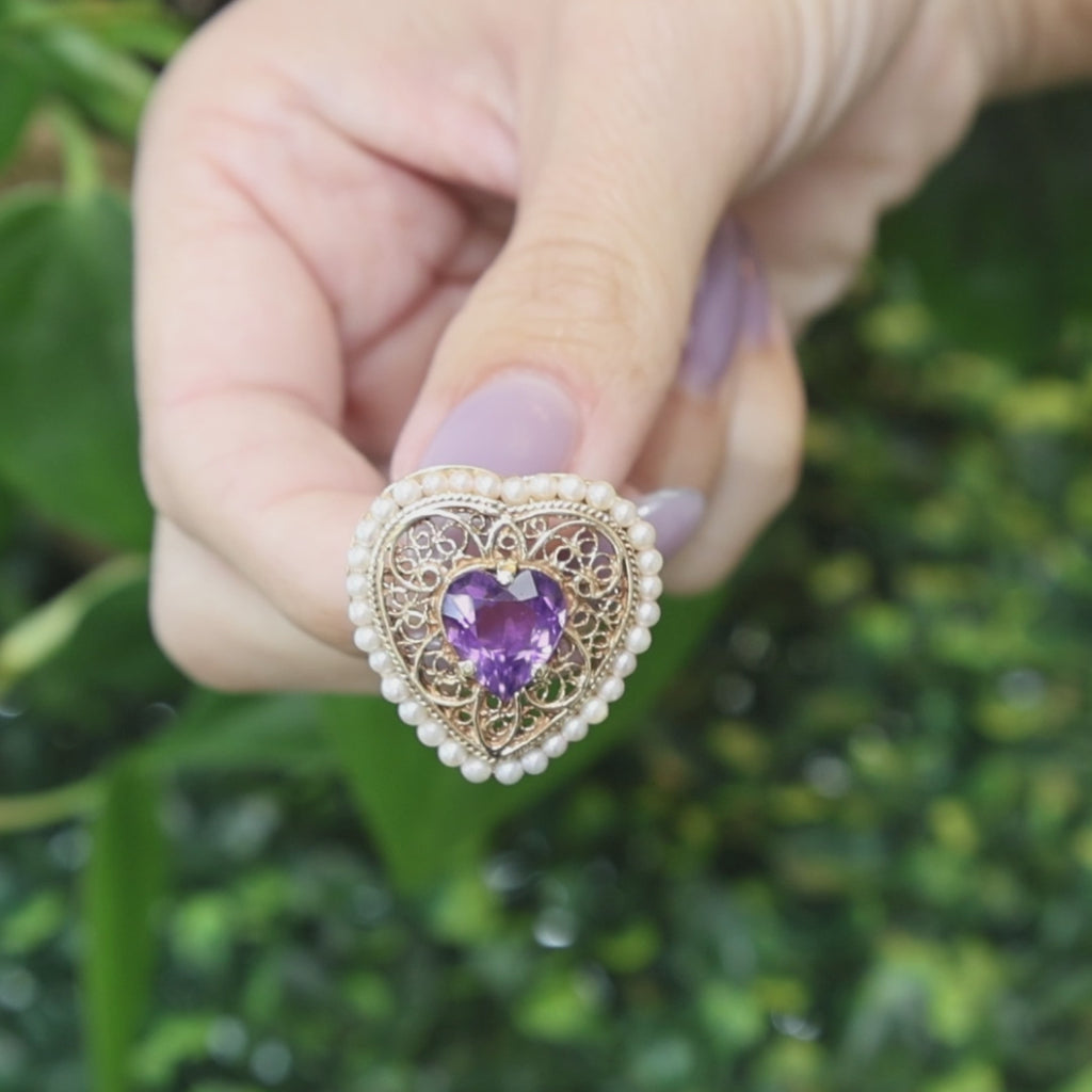 Vintage Amethyst Seed Pearl Heart Pendant Brooch Pin 14K Yellow Gold 3.30 CT