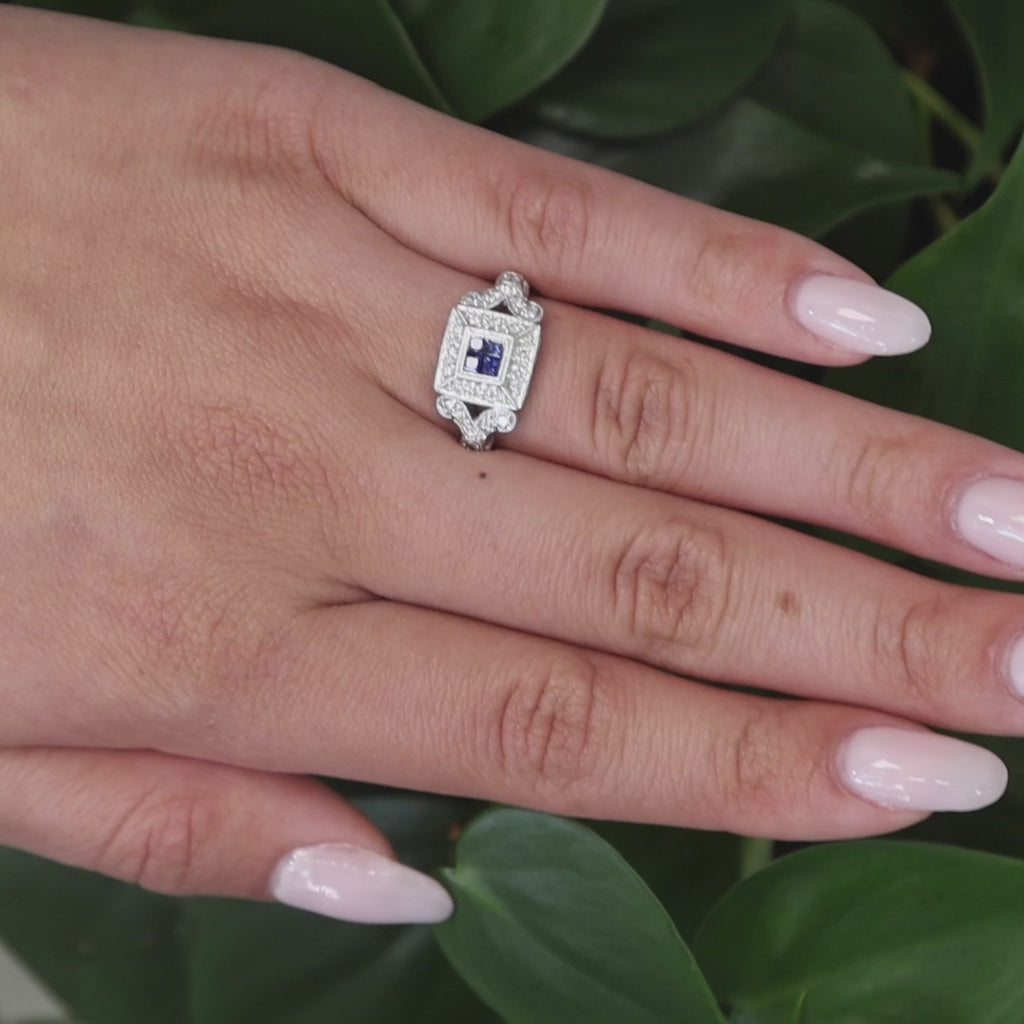 Blue Sapphire Diamond Square Halo Ring 18K White Gold 0.56 CTW Size 6.75