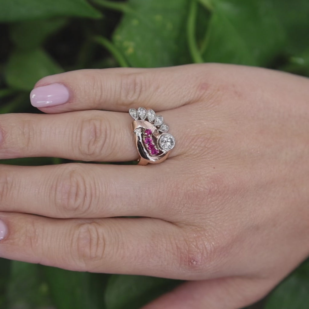 1940s Retro Vintage Diamond & Lab Grown Ruby Cocktail Ring Two Tone Gold Size 6