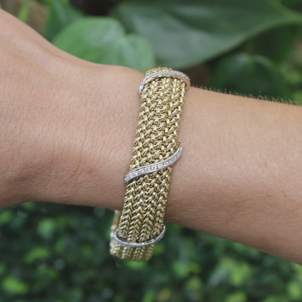 18K Two Tone Gold 1.30 CTW Natural Diamond Wide Woven Mesh Bracelet Vintage