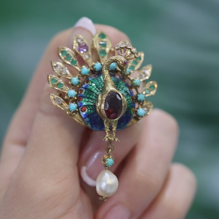 Multi Gemstone Diamond Peacock Enamel Brooch Pin Pendant 14K Yellow Gold 2.35"