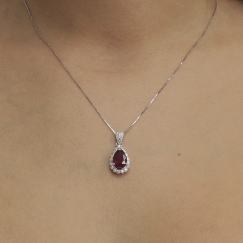 Pear Cut Ruby Halo Diamond Pendant Charm 18K White Gold 3.25 CTW 1" Estate