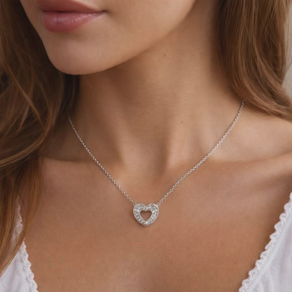 0.50 TW Diamond Open Heart Pendant Cable Chain Necklace 14K-18K White Gold 18"