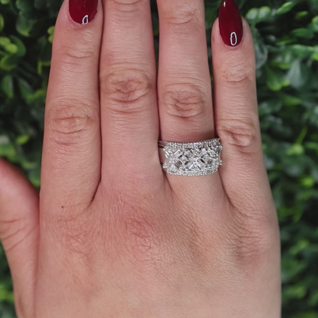 14K White Gold 1.00CTW Round and Baguette Diamond Wide Band Ring Size 8