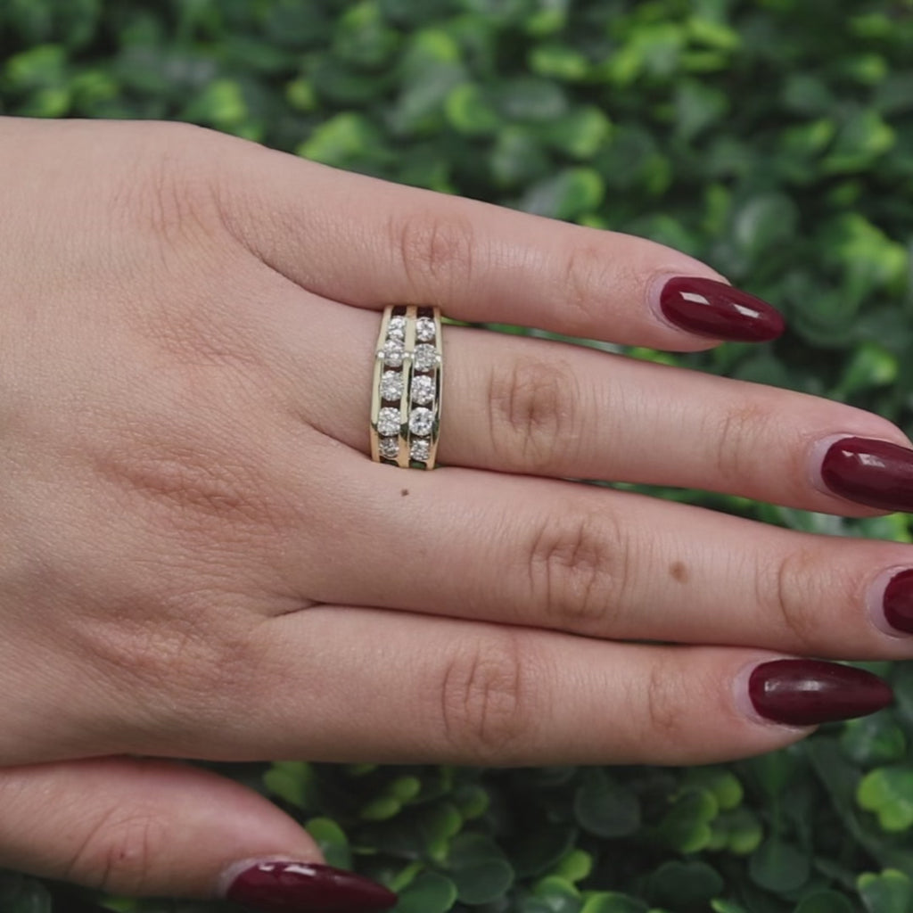 2-Row Diamond Band Ring Yellow Gold 1.30 TW Channel Set Diamonds Size 8.5 Unisex