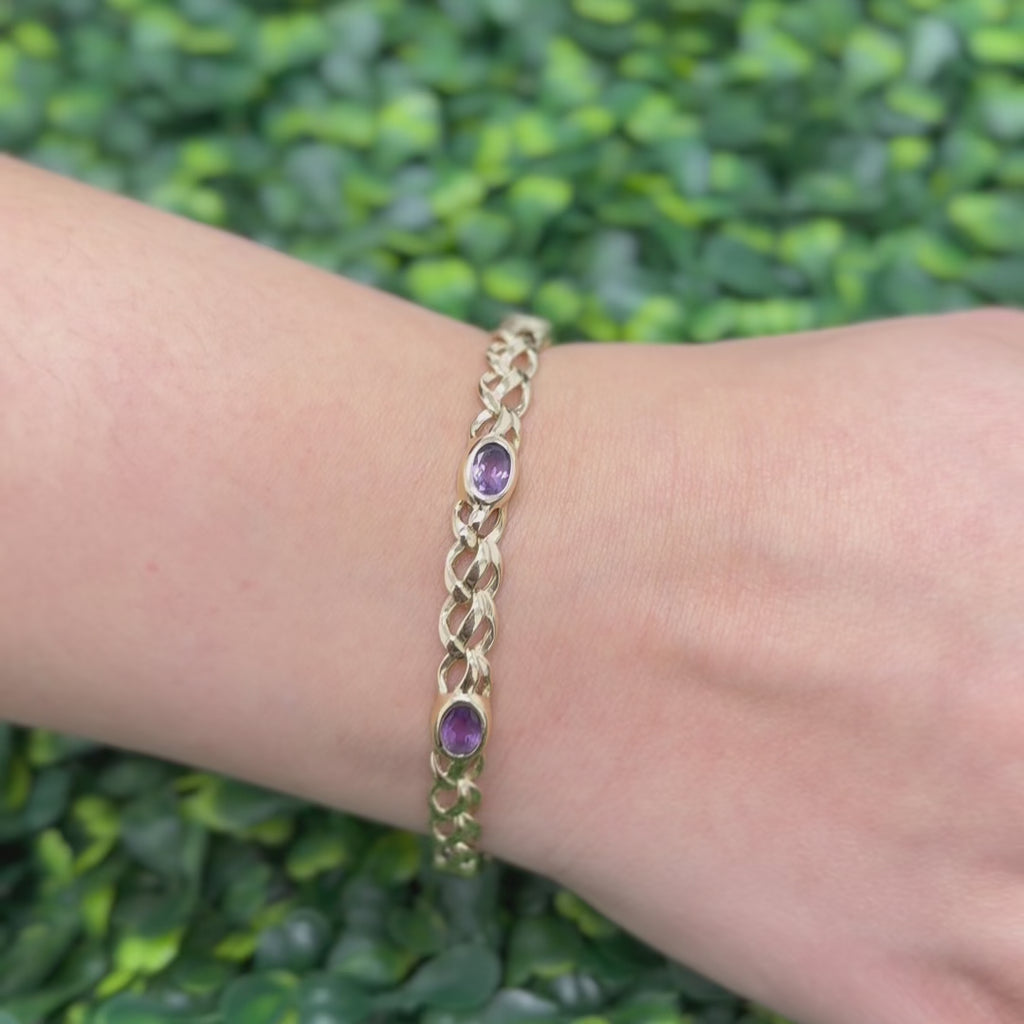Amethyst Gemstone Station Bracelet 9K Yellow Gold 2.64 CTW Oval Gems 7.5"
