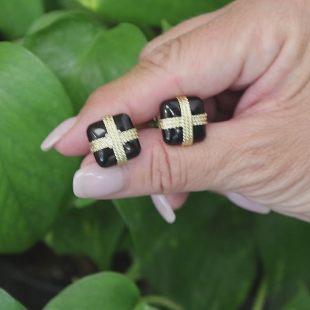 Tiffany & Co. 18K Yellow Gold Sterling Silver Black Onyx Rope X Cufflinks