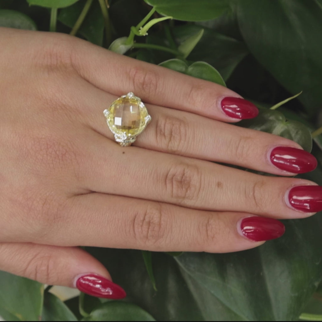 Judith Ripka Checkerboard Yellow Stone Diamond Ring 14K Yellow Gold Size 7