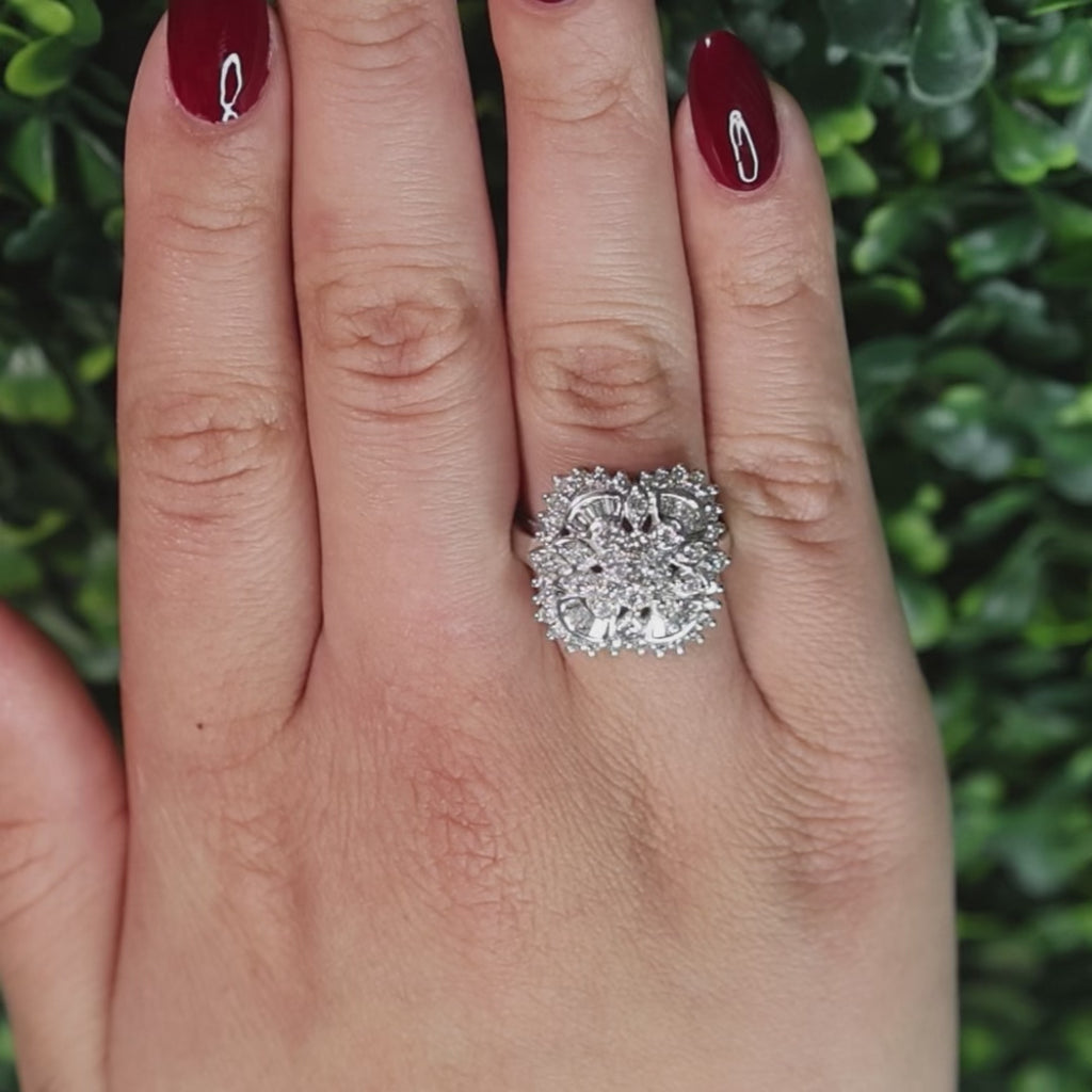 1.50 TW Diamond Floral Cocktail Ring 14K White Gold Size 7.25 Ladies Estate