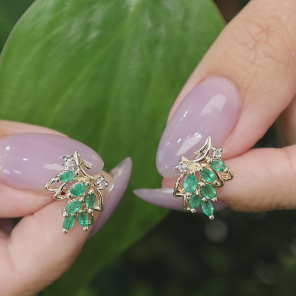 Natural Emerald Diamond Leaf Earrings 14K Two Tone Gold 0.76 CTW