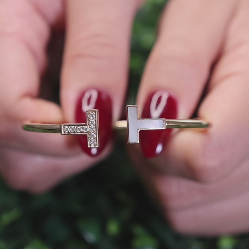 Tiffany & Co. T Wire Bracelet 18K Rose Gold Diamonds and Mother-of-Pearl Size 6