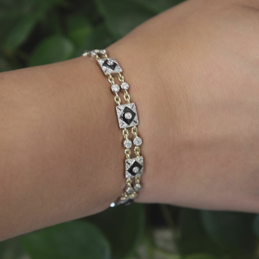 Vintage Onyx Diamond Station Bracelet 18K Gold 6.5" Ladies Estate