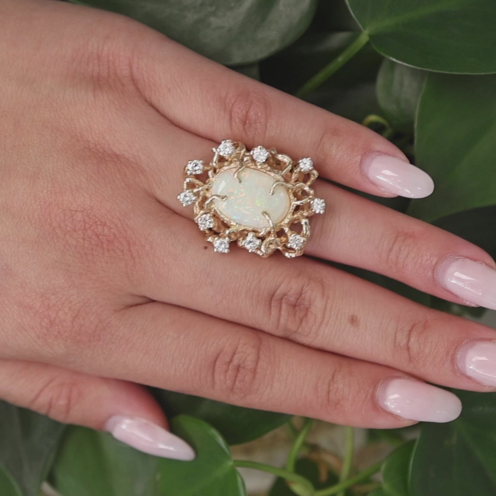 Brutalist Opal Diamond Statement Ring 14K Yellow Gold 7.30 CTW Size 5.25 Estate