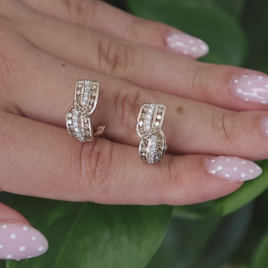 14K Rose Gold Diamond Swirl J Hoop Earrings 1.50 TW 0.50" Ladies Estate