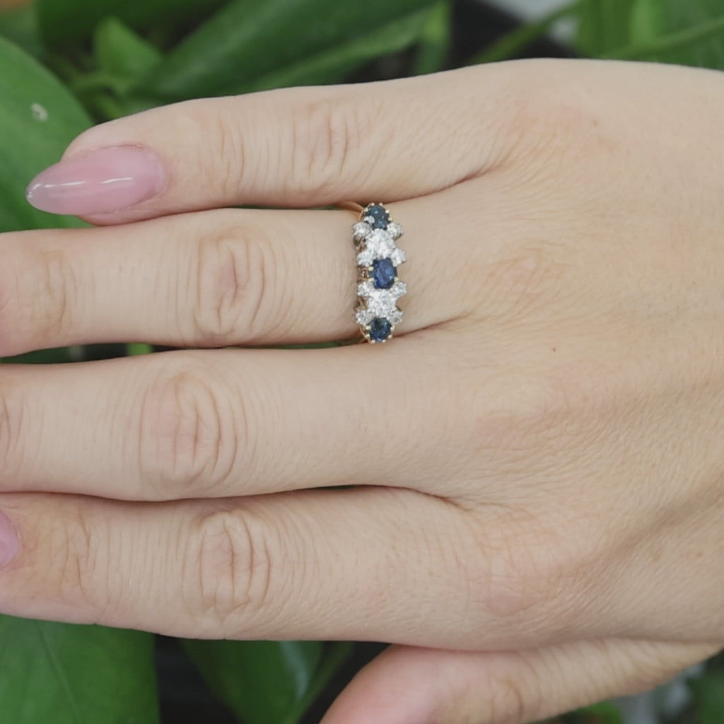 Two Tone Gold 1.02CTW Sapphire Diamond Ring 3 Stone Estate Size 5.75