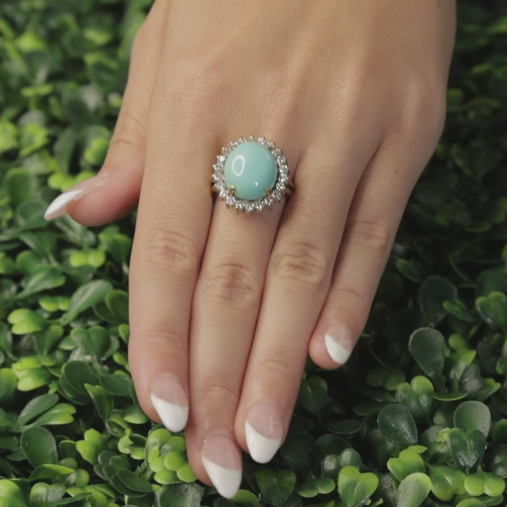 7.25 CT GIA Certified Natural Turquoise Halo Diamond Ring Two-Tone Gold Size 6.5